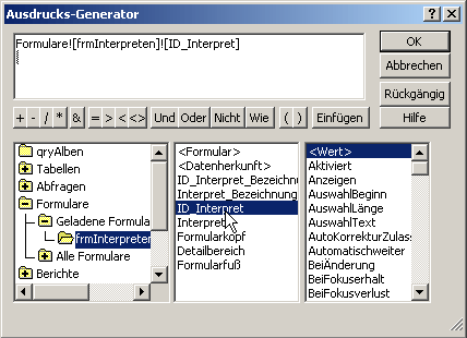 Gesuchtes Feld im Ausdrucks-Generator auswählen