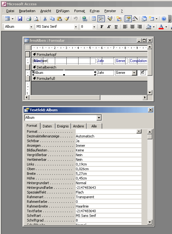 Formular in Entwurfsansicht mit Eigenschaftenfenster